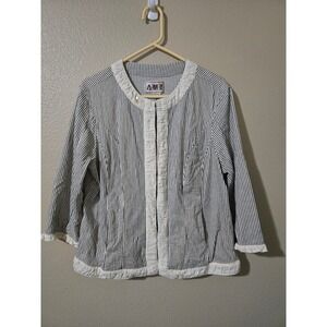 A.M.X Womens Striped Ruffle Trim Blazer Jacket Navy White Horse Pin Size XL